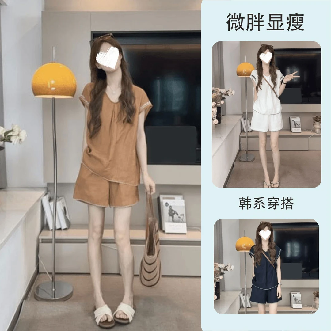 俏皮减龄飞袖短裤套装两件套2025新款大码微胖纯色设计感时尚套装