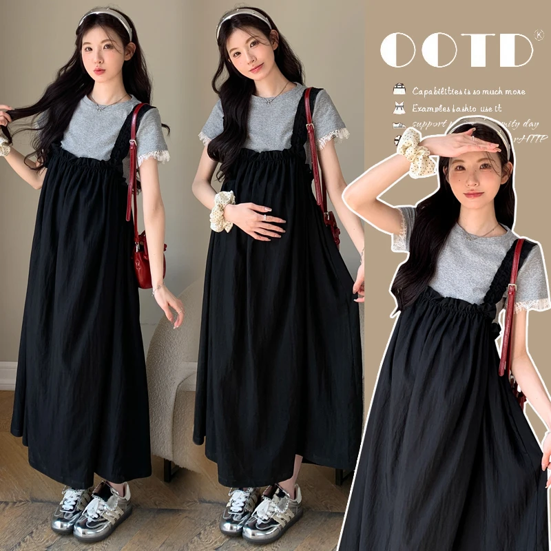 【晚媛若】2025夏季新款孕妇韩版显瘦收褶背带裙时尚蕾丝拼接T恤