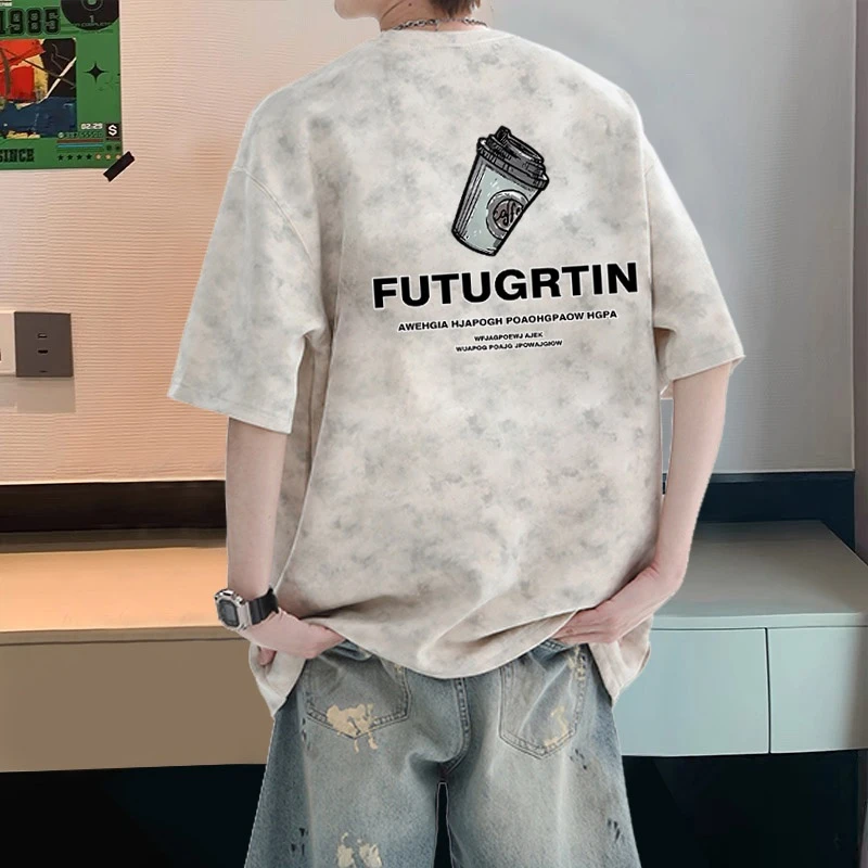 开学季美式扎染纯棉短袖t恤男女潮流卡通宽松大码半袖上衣初中生