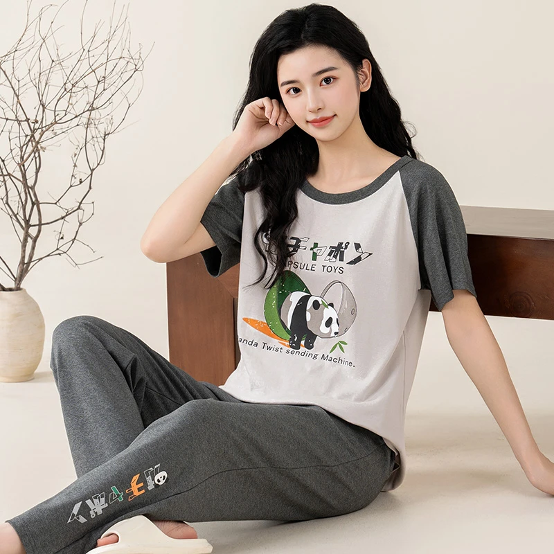 女士夏季纯棉家居服短袖长裤睡衣套装卡通学生薄款宽松休闲大码