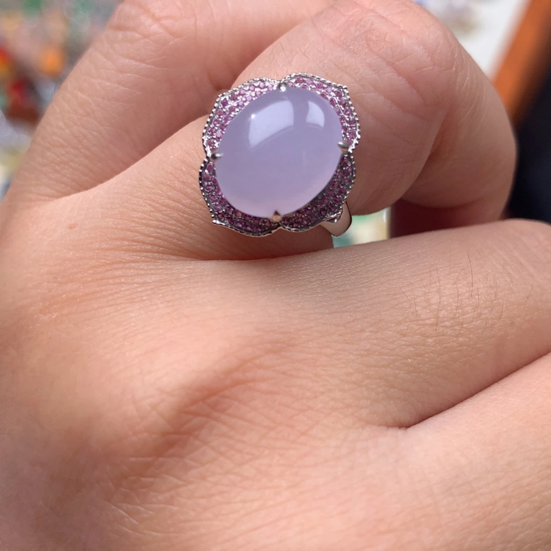 18K金镶嵌戒指翡翠紫罗兰蛋面戒指