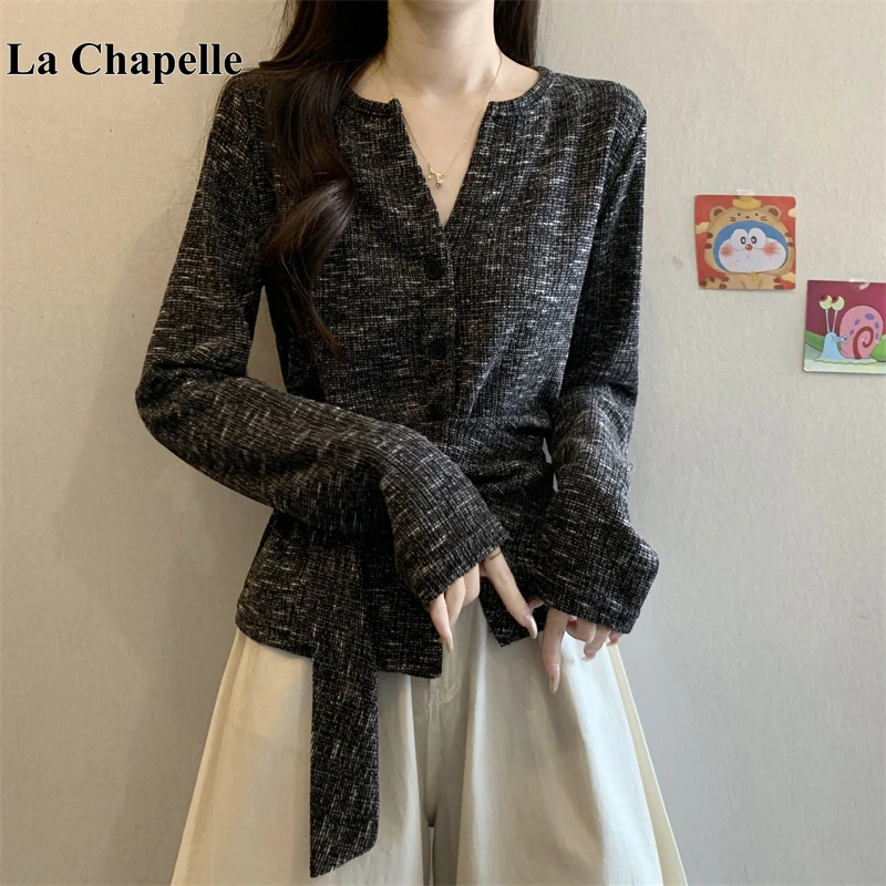 拉夏贝尔法式气质V领绑带长袖T恤女2025秋季大码胖mm设计感上衣