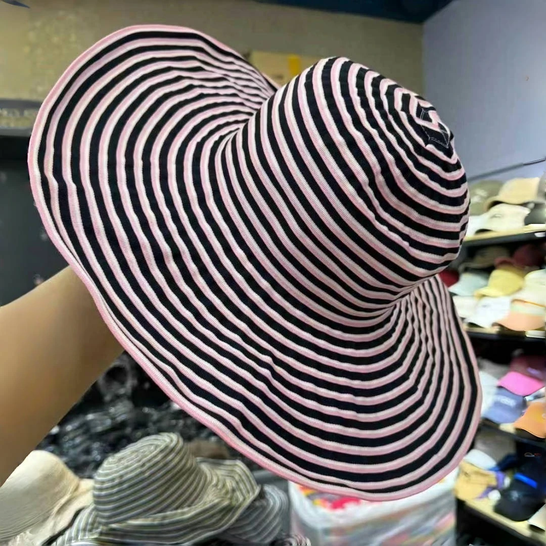 韩国进口新款黑色条纹防晒帽女轻薄可折叠超大帽檐渔夫帽遮阳帽子