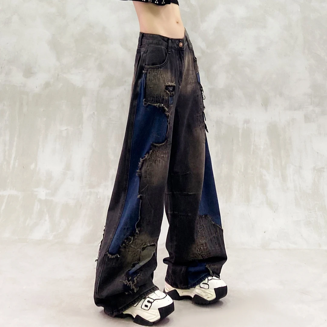 拼接设计感水洗加绒牛仔裤女冬新款高腰宽松显瘦百搭直筒阔腿裤潮