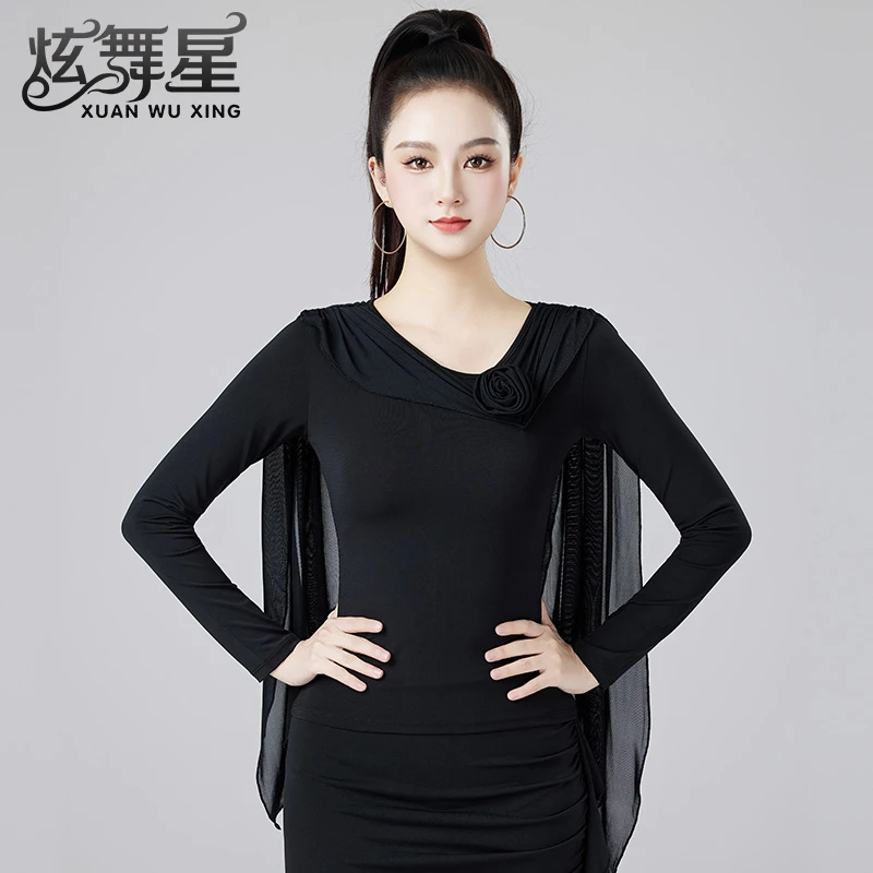 拉丁舞上衣女2025新款飘逸网纱拼接舞蹈服成人摩登舞练功服上装