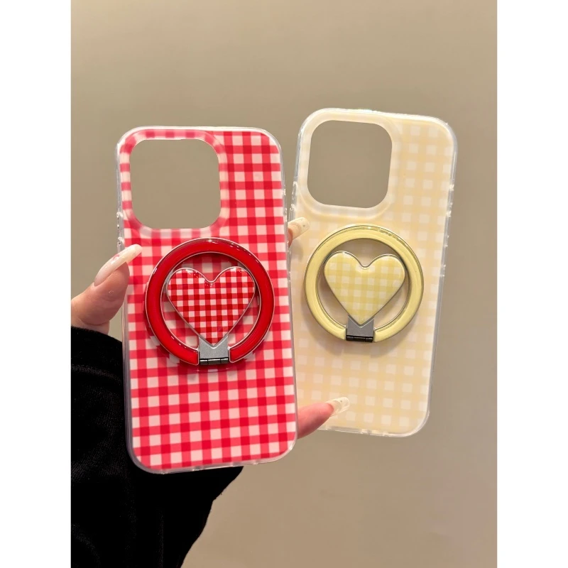 适用苹果iphone16promax复古格纹15pro爱心14支架13全包ins手机壳