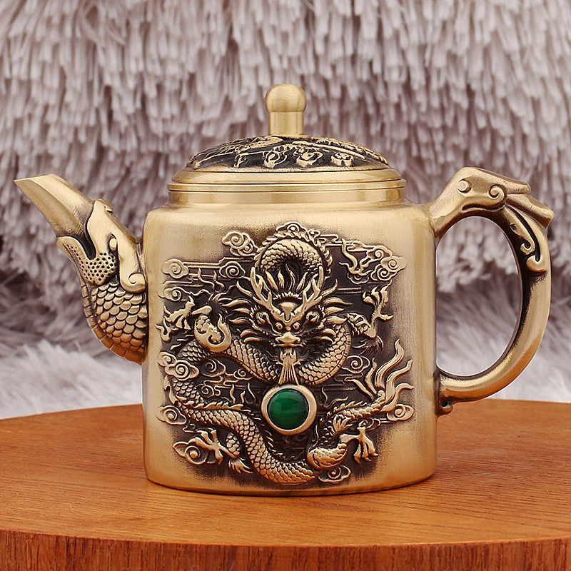 复古龙凤茶壶转转龙凤戏珠酒壶铜器桌面装饰品黄铜摆件金属工艺品