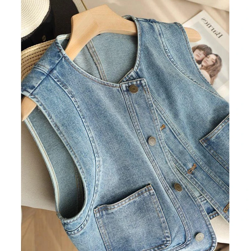 时髦洋气百搭叠穿牛仔马甲女春夏宽松短款小个子无袖外套休闲上衣