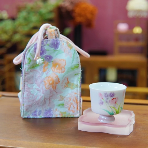 一茶杯一杯垫一茶包手绘旅行套组茶具风铃袋琉璃杯垫高足茶杯套组