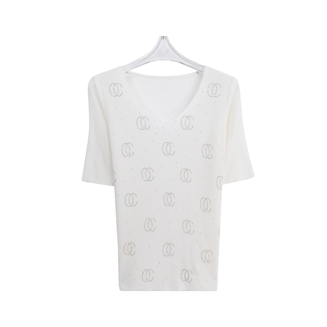 短袖烫钻字母T恤V领女士修身烫钻百搭针织优雅简约A11054
