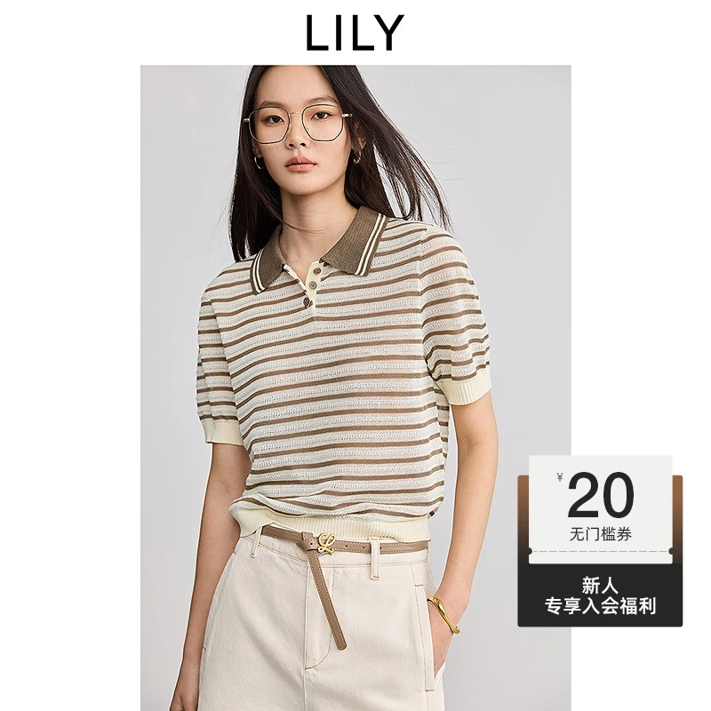 LILY2025春新款植物系条纹休闲通勤短袖POLO领针织衫125139TK939