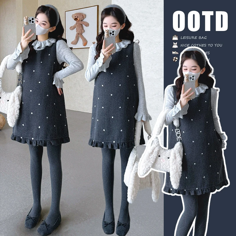 实拍 秋冬新款木耳边下摆毛呢背心裙+蛋糕领打底两件套