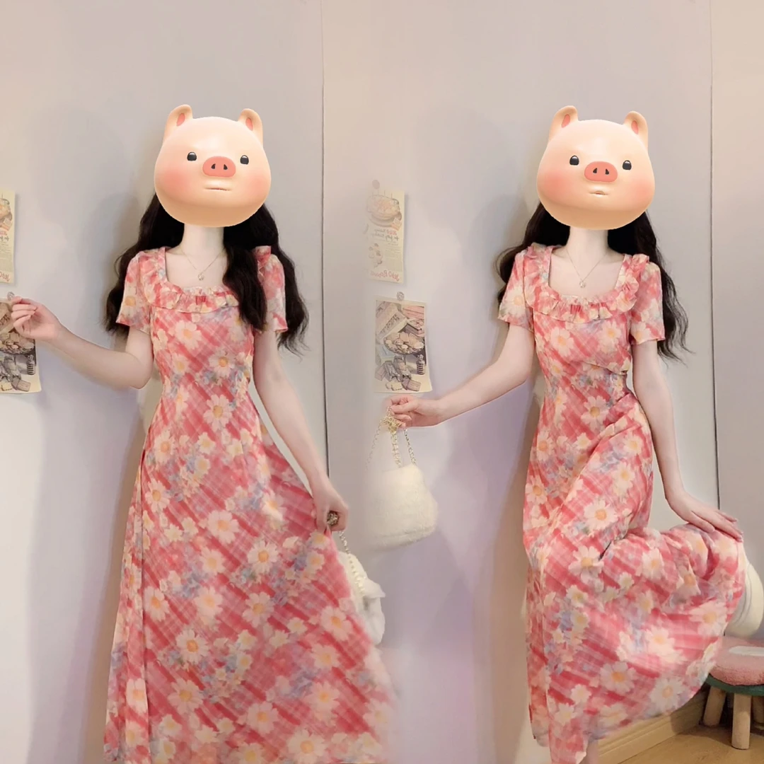 大码法式茶歇少女风长裙夏度假风花朵修身显瘦连衣裙子