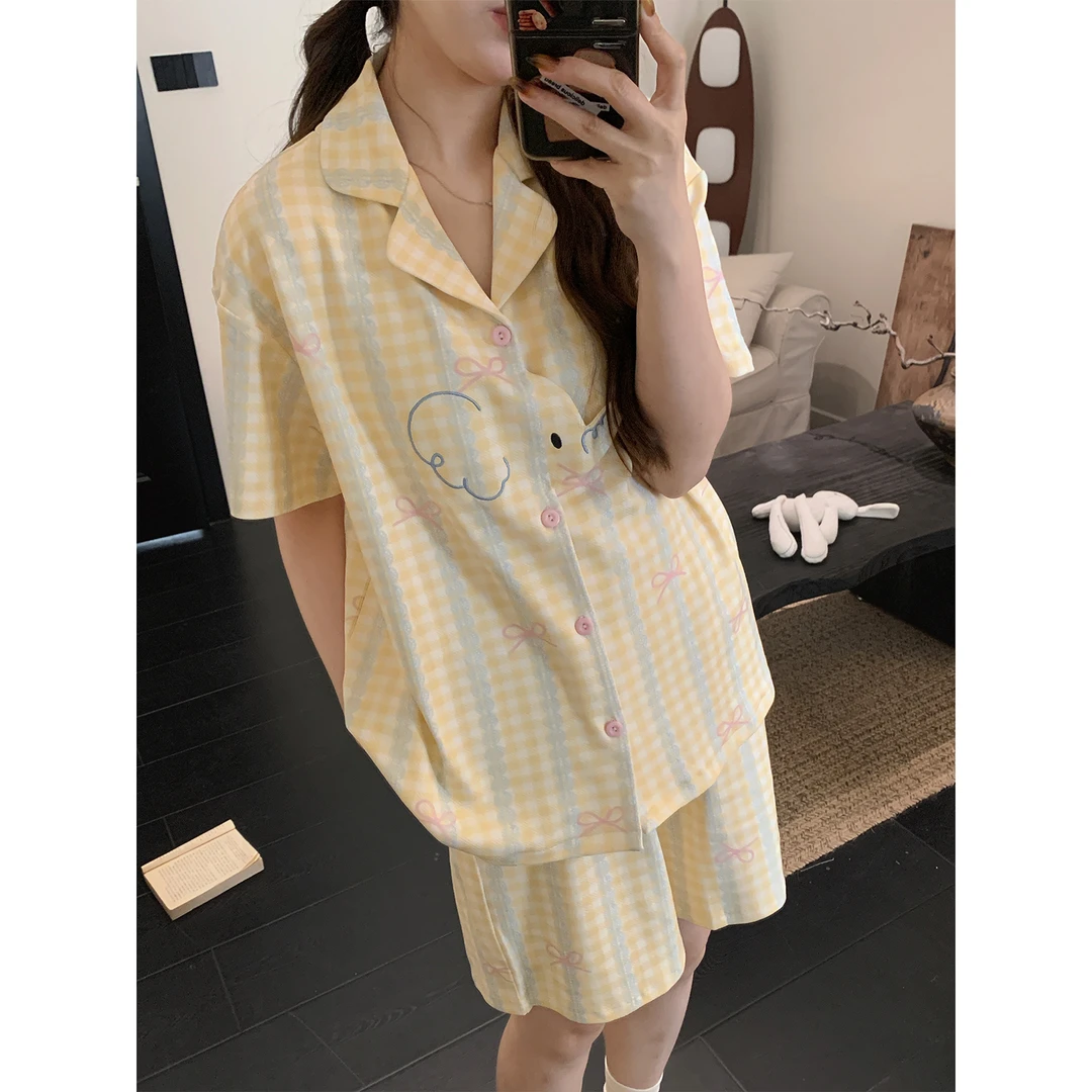 睡衣女夏季纯棉短袖黄色格纹可外穿小飞象卡通刺绣宽松家居服套装