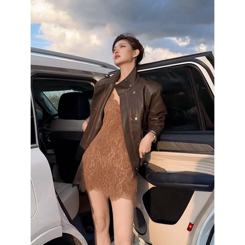 SYJ/舒衣家 美拉德高级感复古咖色皮衣女秋季性感蕾丝吊带裙套装