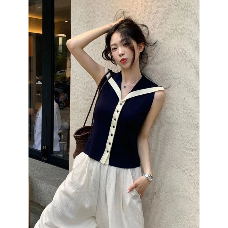 撞色海军领学院风冰丝针织背心女夏季外穿独特超好看修身无袖上衣