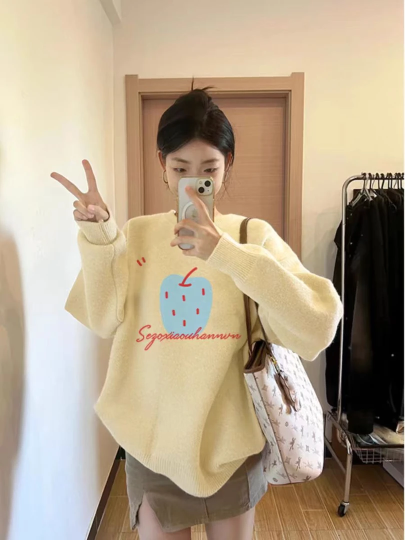「清」毛衣印花苹果软糯宽松