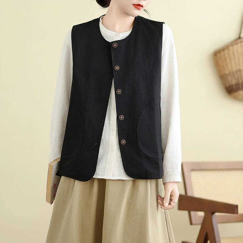 民族风洋气时尚圆领显瘦宽松设计感休闲开衫马甲黑色无袖排扣背心