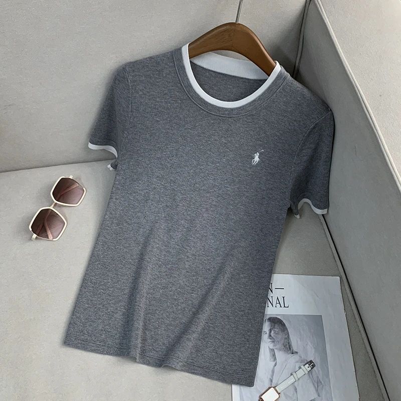 【南油溪溪】夏季圆领T恤撞色拼接设计感刺绣时尚百搭上衣800396