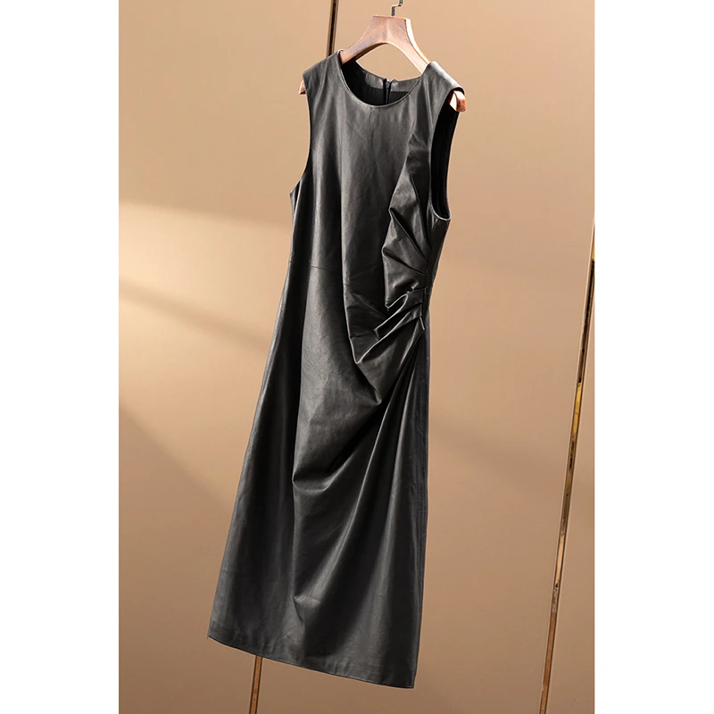 春天家 轻奢气质 法G轻涂半植鞣羊皮捏褶收腰无袖连衣裙女4Y16