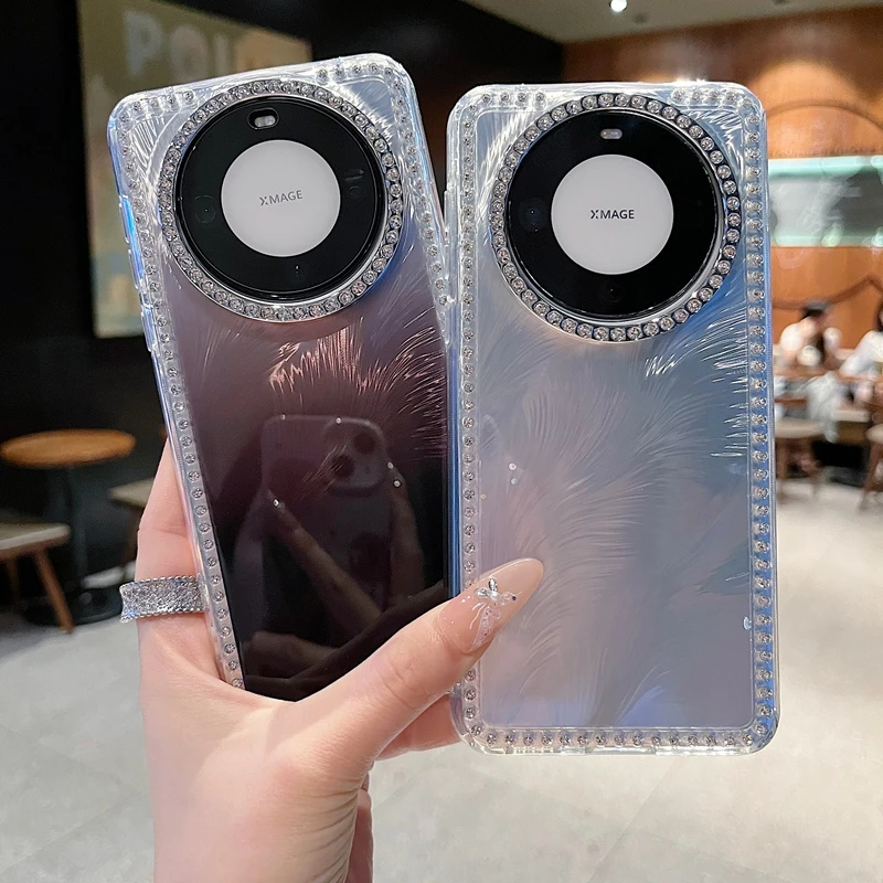 适用华为mate70系列苹果新款手机壳边钻渐变银全包满钻大孔镜头膜