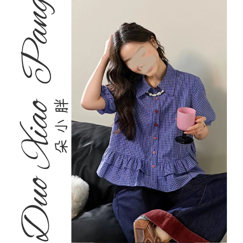 大码女装时尚显瘦荷叶边格子衬衫女2025夏季高级感短袖衬衣8258