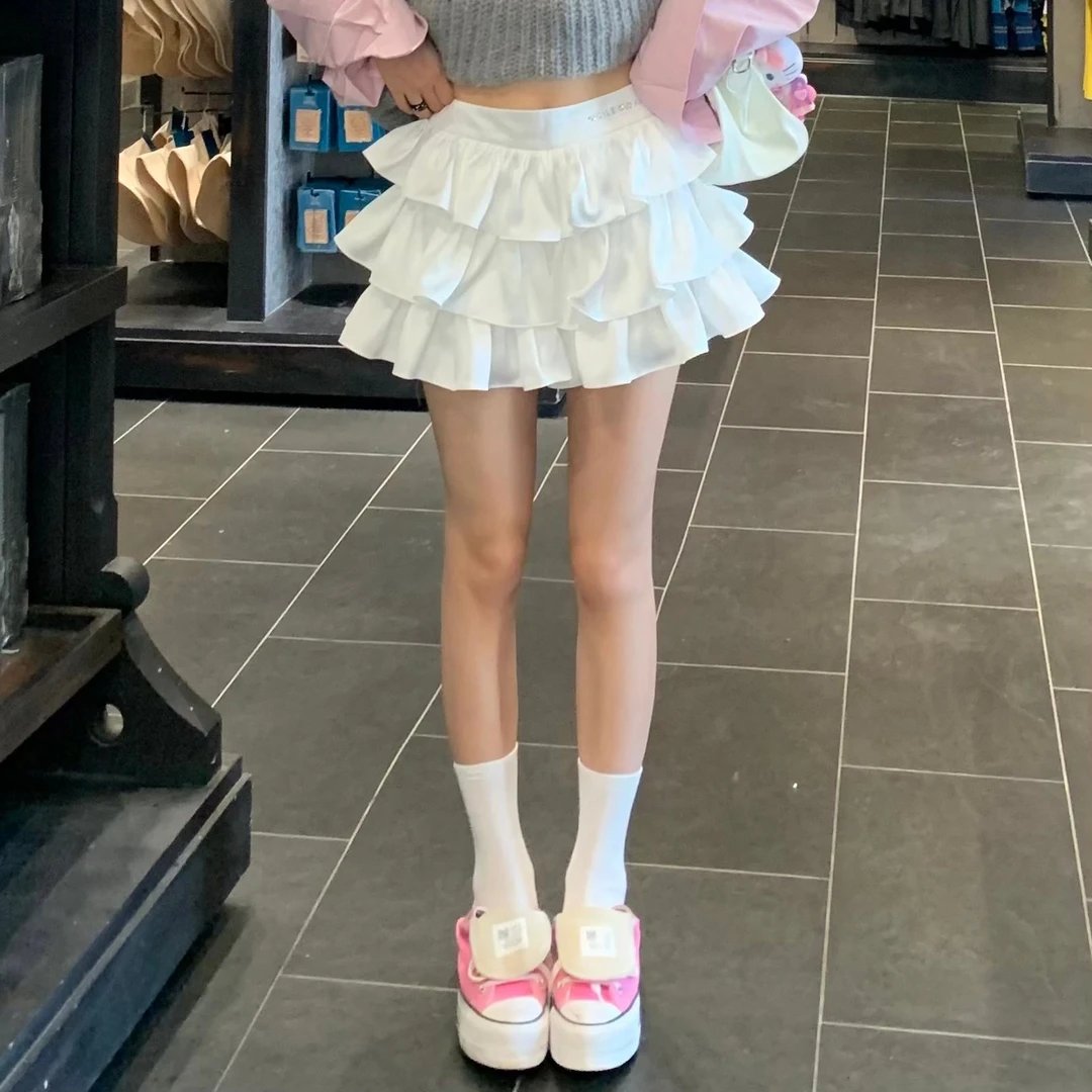 3MER 芭蕾风甜美白色蛋糕裙女防走光A字半身短裙蓬蓬裙子