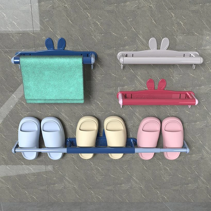 美个家兔耳伸缩浴室拖鞋架免打孔无痕壁挂太空铝收纳