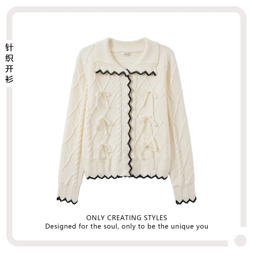 菱格蝴蝶结花边设计感POLO领针织开衫温柔气质风上衣宽松毛衣外套