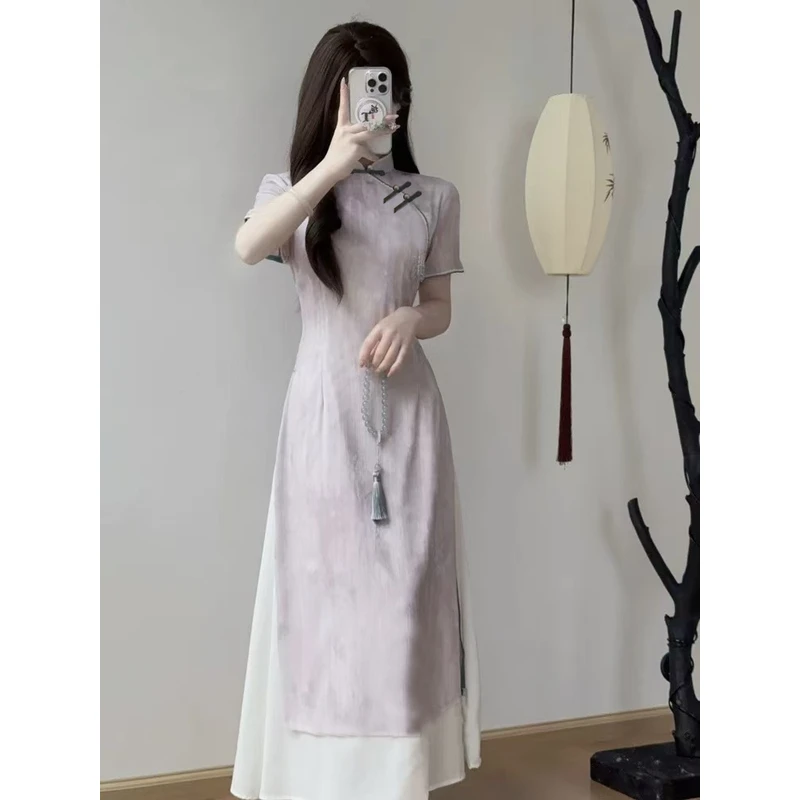 0564 浅紫色 晕染 蓝一字扣 奥戴 高腰 旗袍