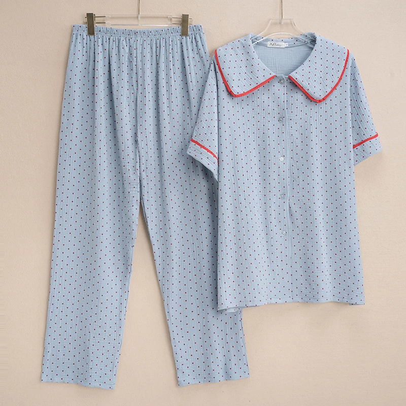 新款女士短袖甜辣风睡衣美式休闲翻领有弹性加大加肥纯棉睡衣6585