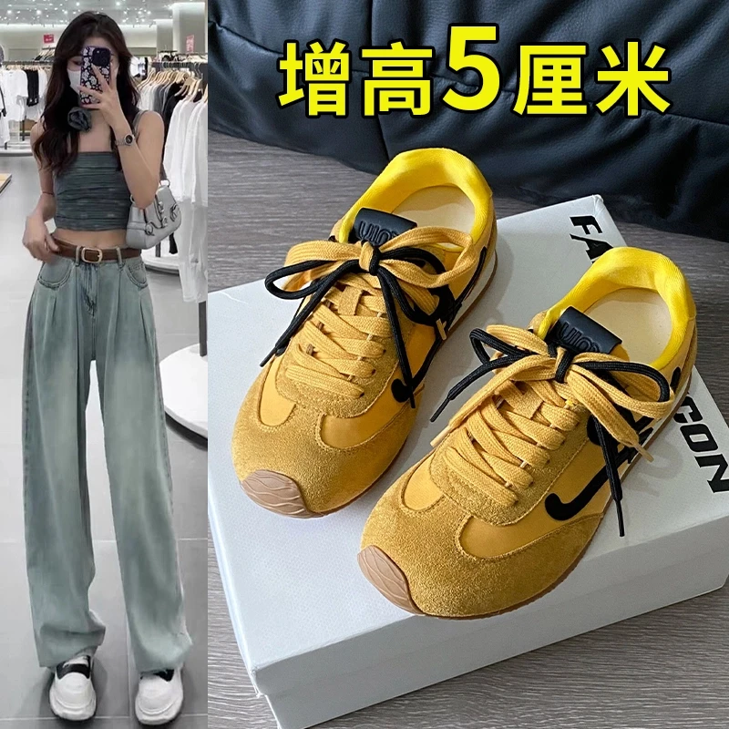 5cm德训鞋女内增高2025夏季新款厚底系带复古阿甘鞋运动休闲鞋子