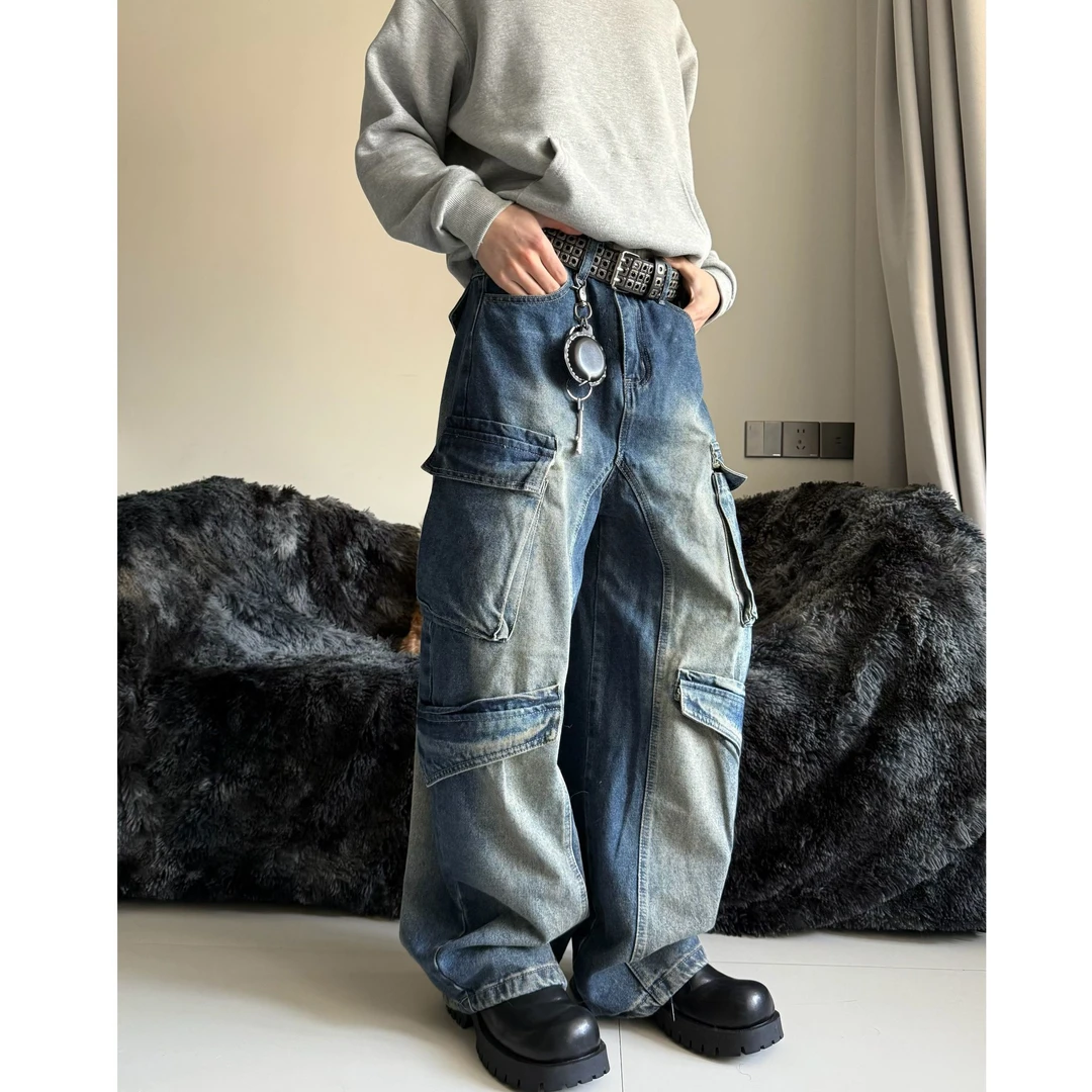 WIND BLOWS工装牛仔裤春秋新款美式高街水洗复古宽松直筒长裤