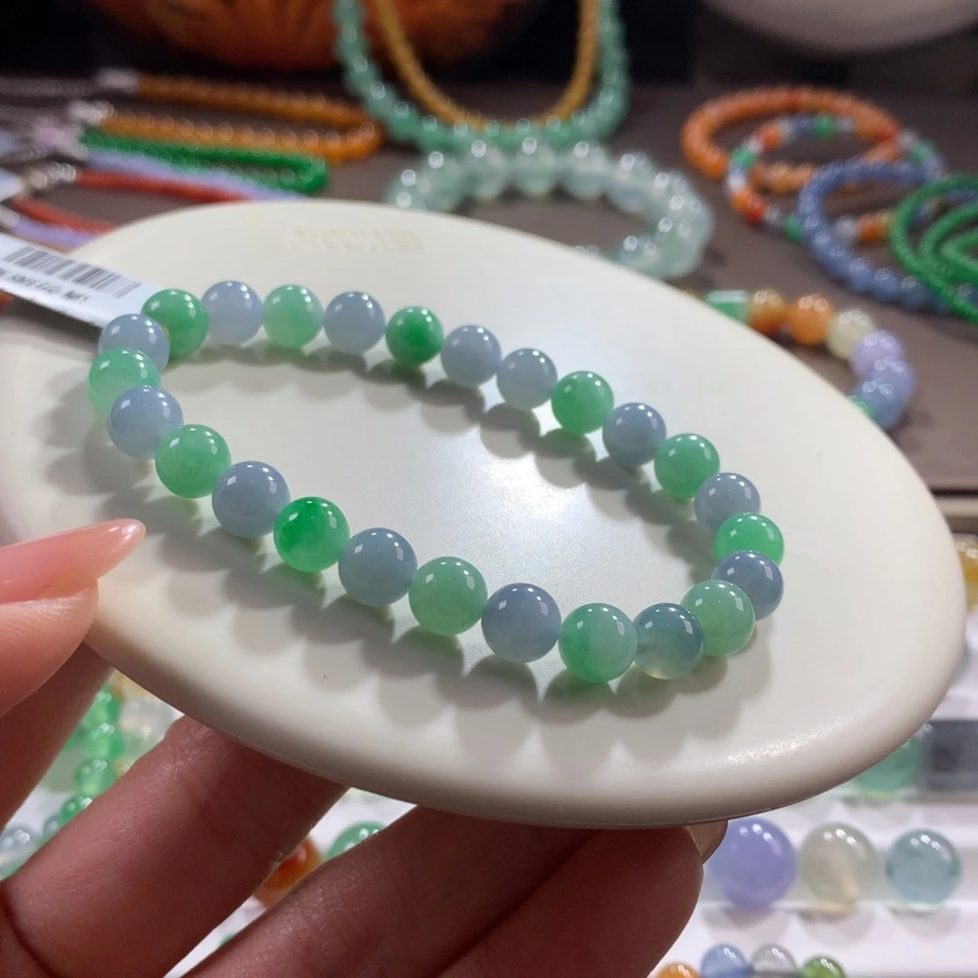 翡翠未镶嵌手链胶润双色春彩卡7