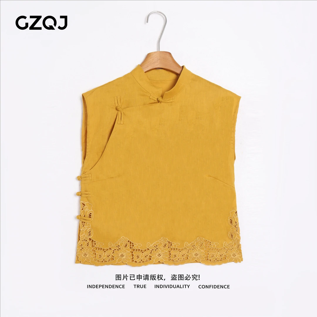 老琴私服【曲尘织梦】100亚麻欧若风立领下摆蕾丝镂空背心女夏9502