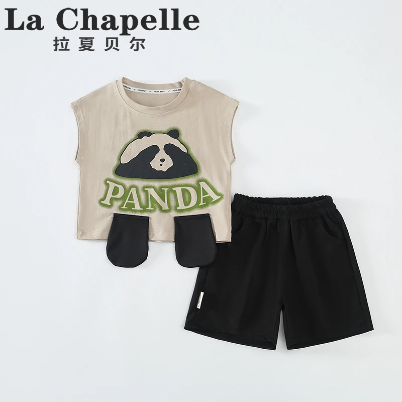 拉夏贝尔男童套装2025男孩夏季儿童熊猫卡通无袖t恤两件套潮LB351