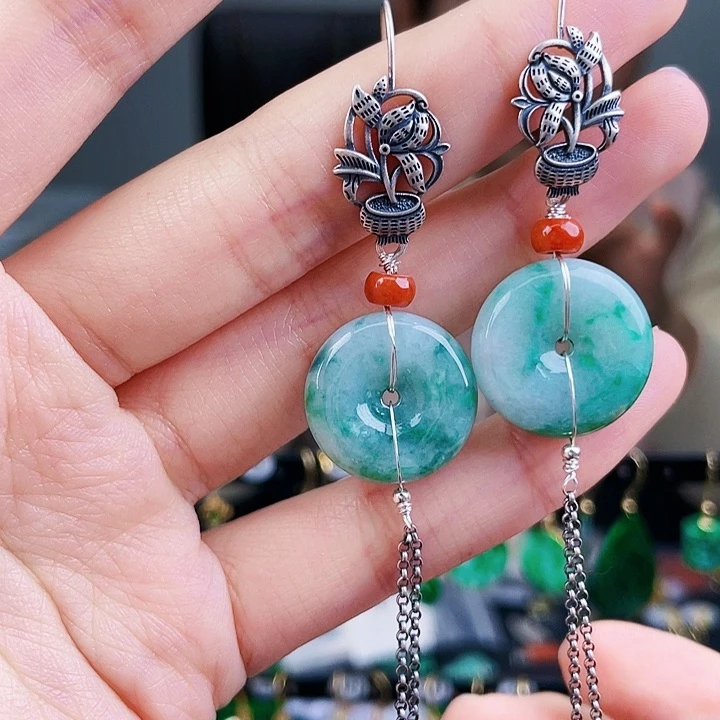 翡翠耳饰银S925镶嵌饰品