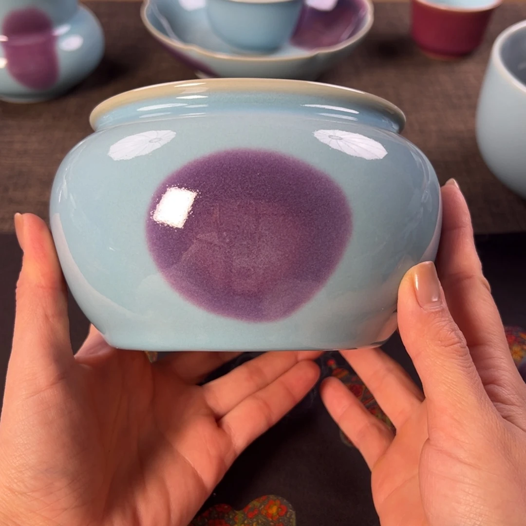 潇***允钧窑天蓝釉 紫斑 全手工