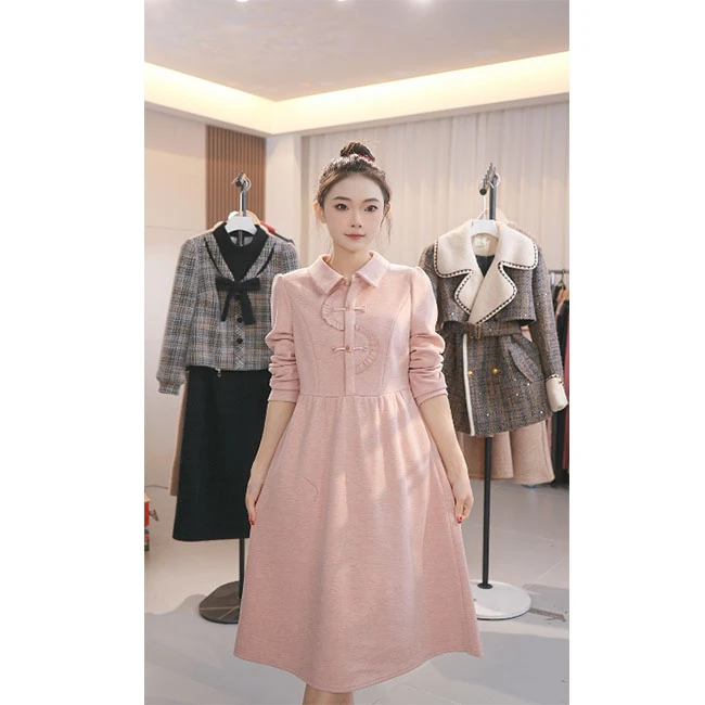 L8246 2025年春季新款长袖国风气质优雅显瘦中长款连衣裙