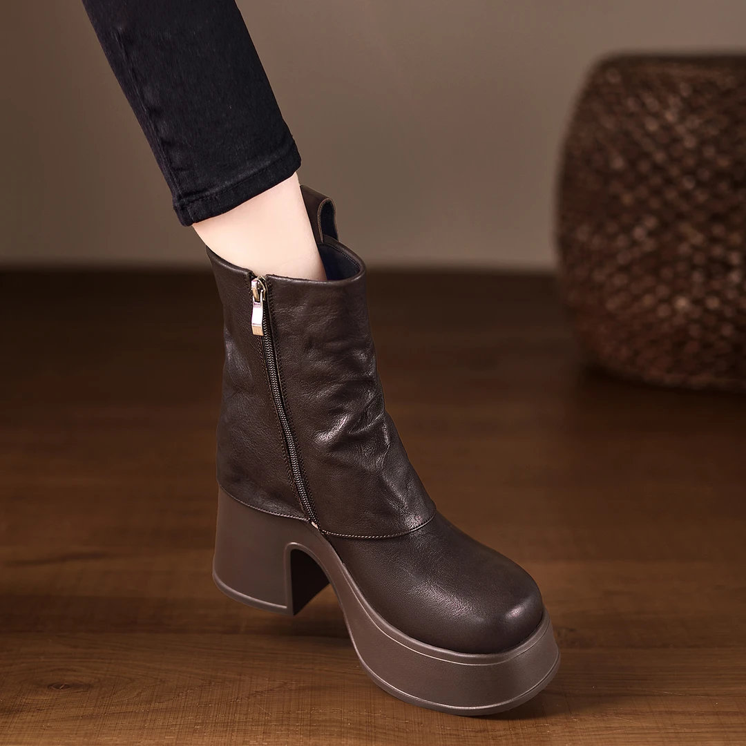 小个子手工女鞋10cm~黑色中筒秋冬圆头短靴女秋冬新款瘦瘦马丁靴