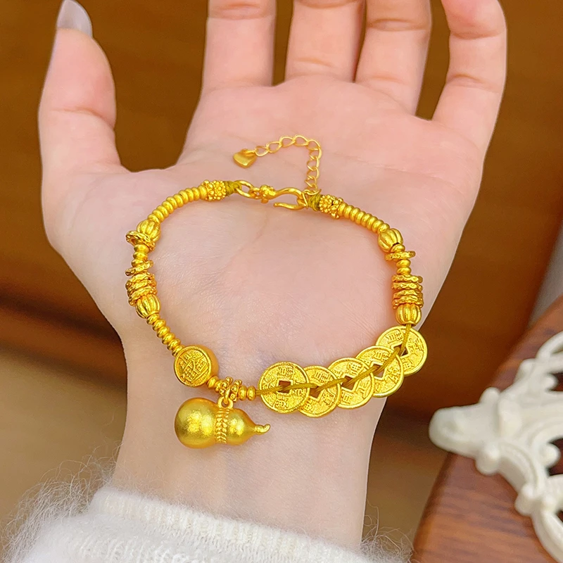 铜合金手链 新中式古法五帝钱拉丝葫芦盘缠手串福禄复古国风传承