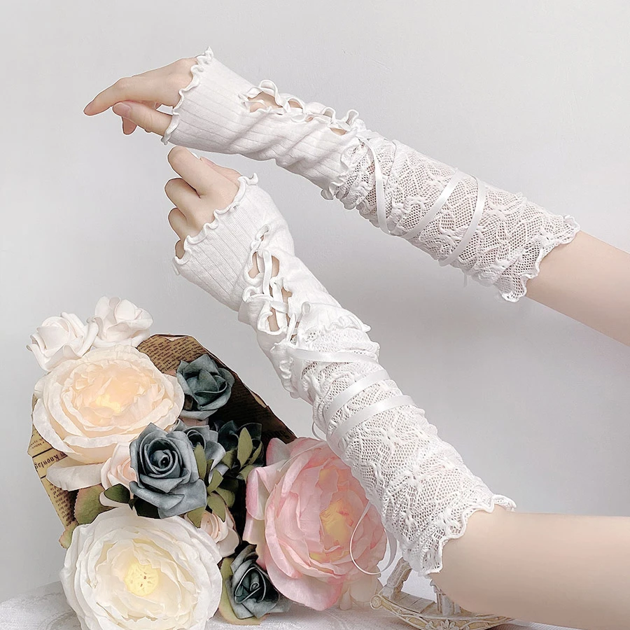 lolita蕾丝系带手袖女日系拼接芭蕾风丝带绑带袖套cos甜酷风手套
