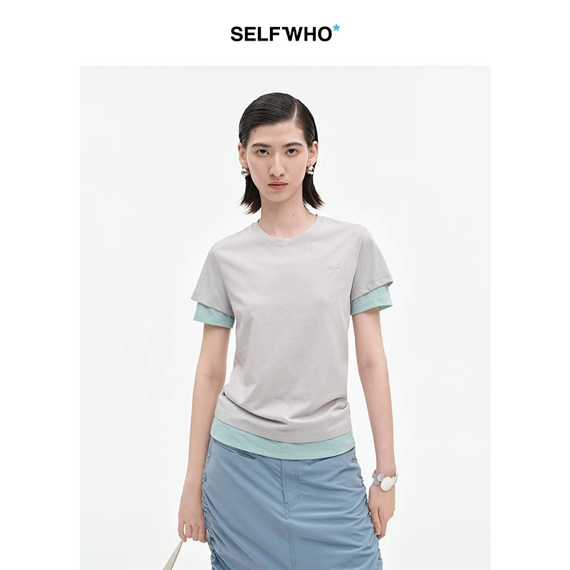 SELFWHO棉混纺撞色假两件短袖t恤女2025夏季新款刺绣设计正肩上