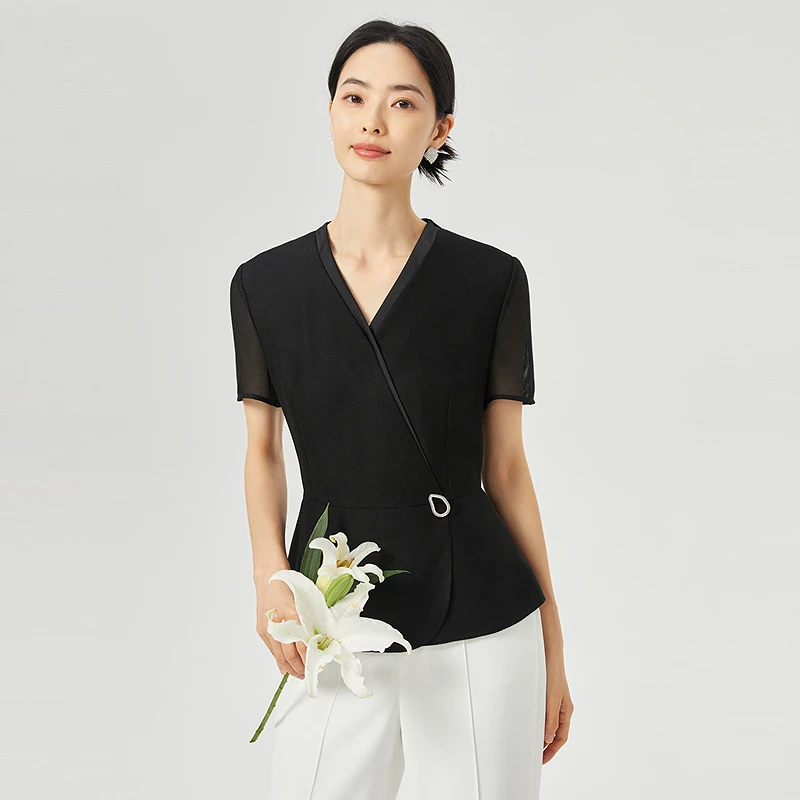 娜尔思V领简约修身短袖上衣女2025年夏季新款ND04917W0