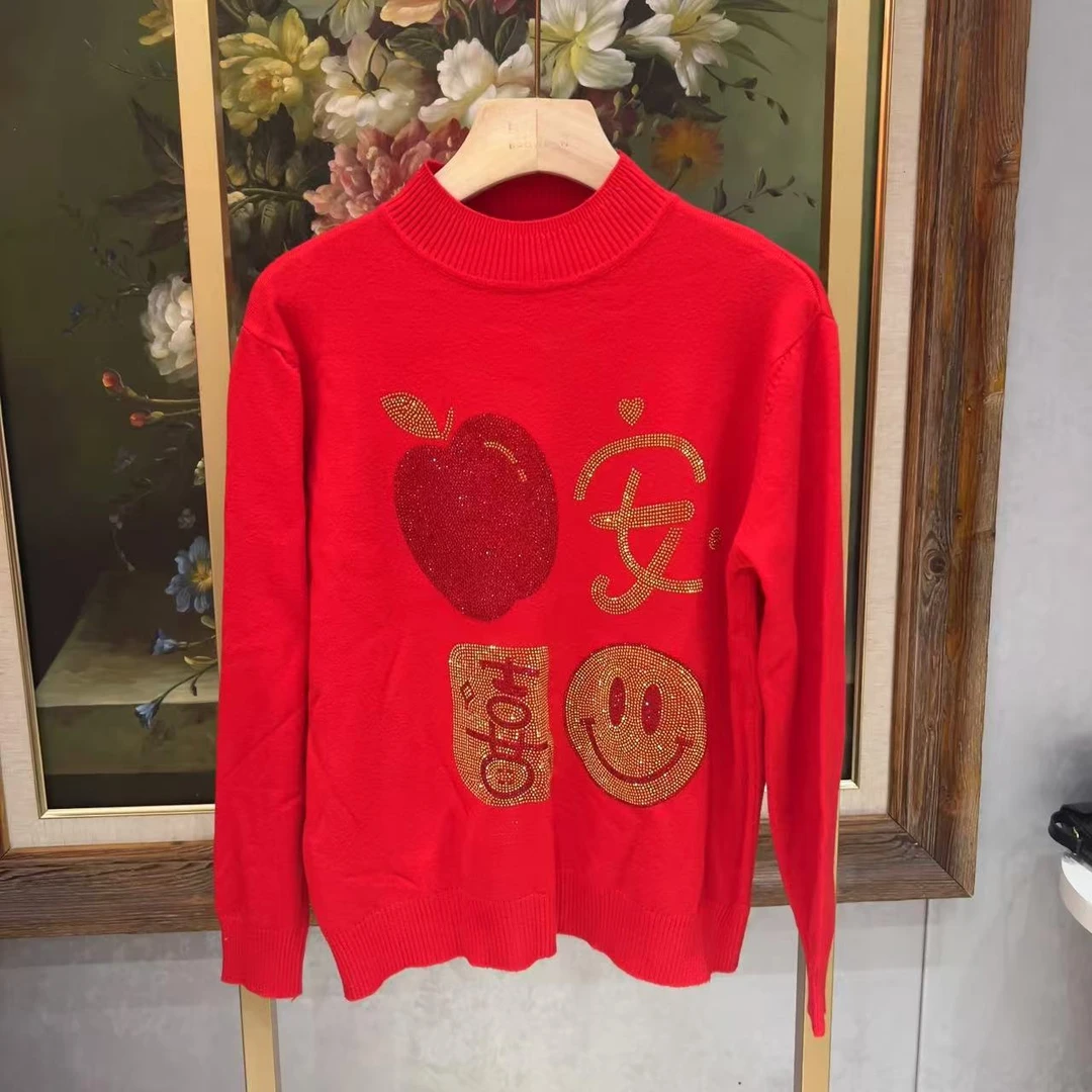 新年款平安喜乐烫钻打底时尚百搭针织衫女秋冬