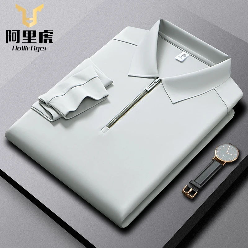 2025秋季新款男士长袖T恤POLO衫翻领拉链简约商务休闲上衣装纯色