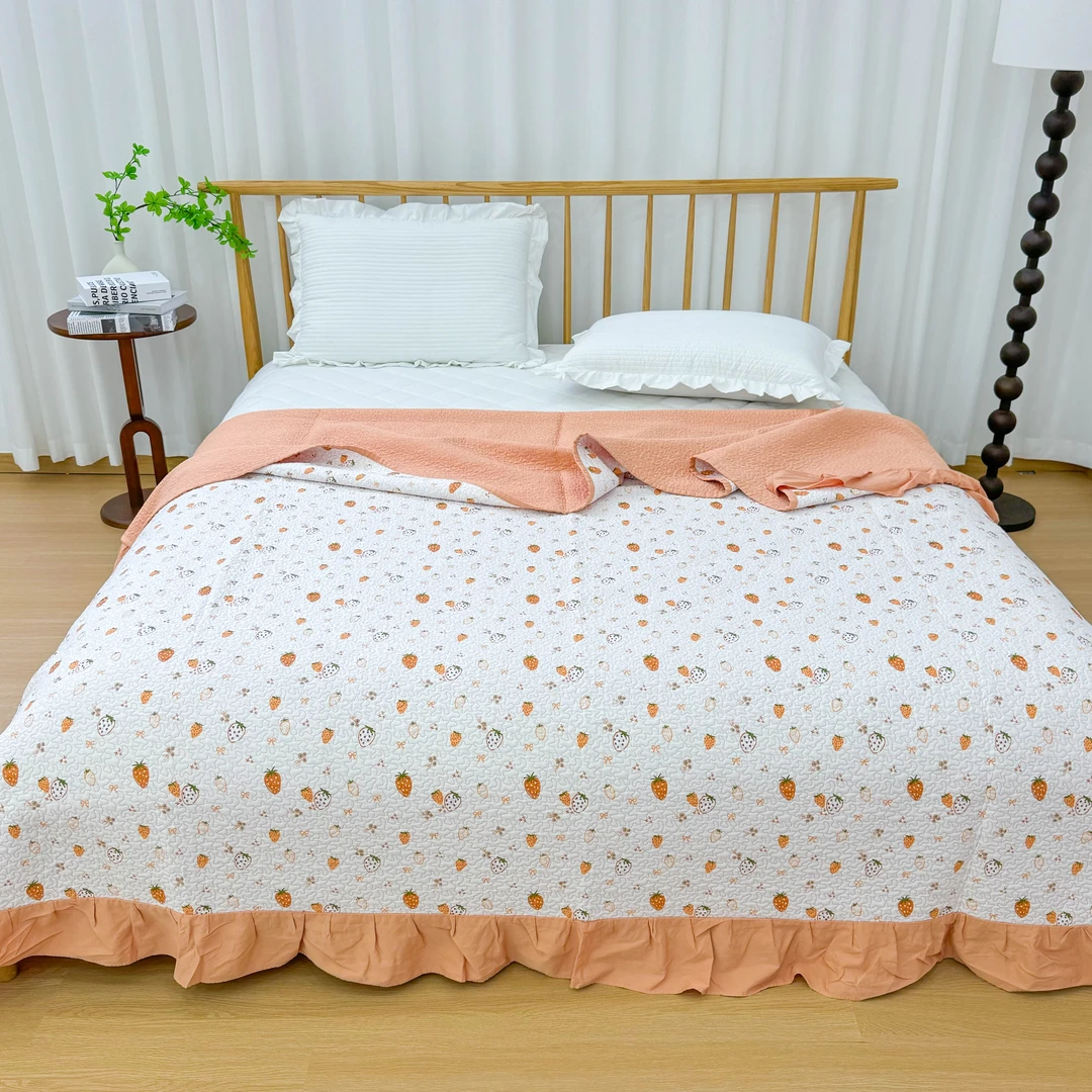 【甄小棉床盖250*250cm】高端简约风活性印花 甄小棉花边 床盖