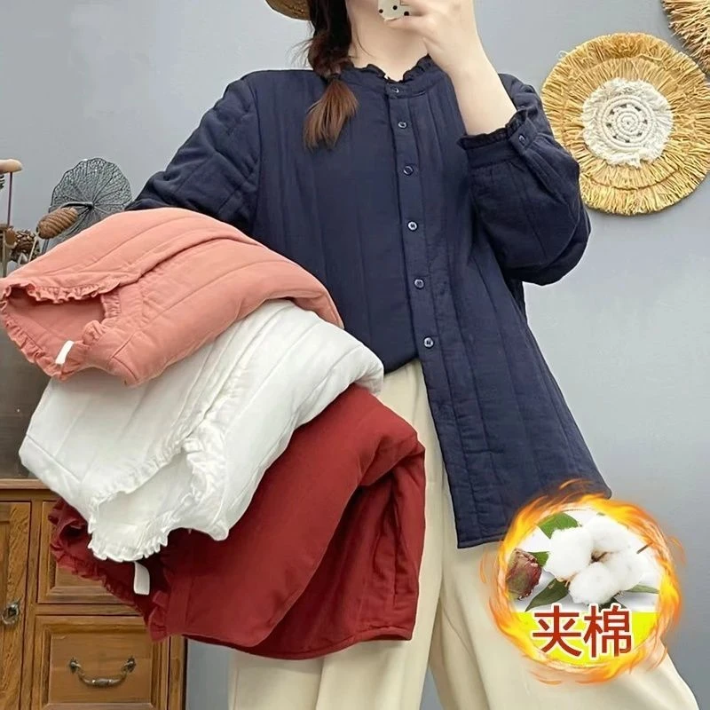 木耳领夹棉衬衫女2025冬季花边纯色文艺简约宽松长袖棉衣棉服女