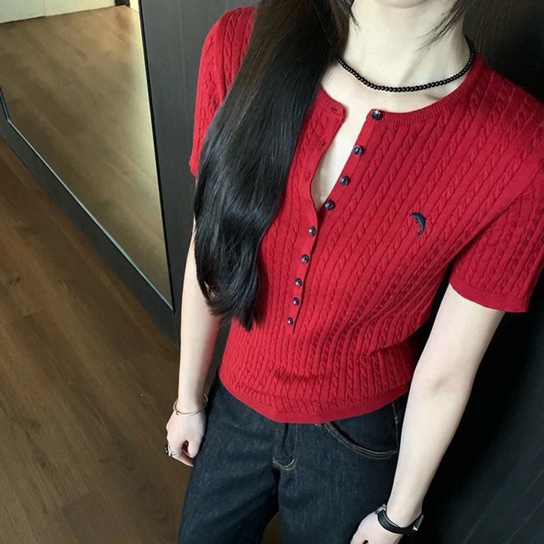 老钱风半开领正肩短袖t恤女夏季韩系亨利领修身显瘦V领短款上衣潮