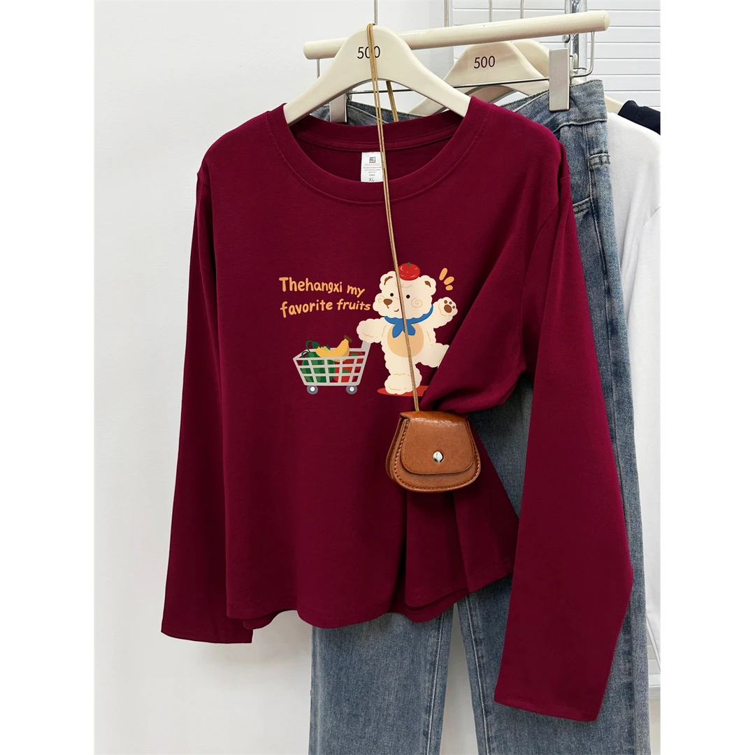 洋气圆领印花正肩长袖t恤女装大码早秋季新款韩版休闲打底衫上衣
